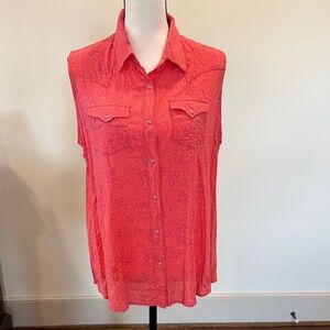 Wrangler Pink/Orange Floral Wrancher Shirts Sleeveless Button-Up Top Size XL